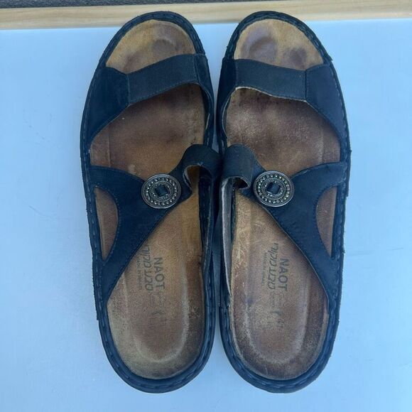 Naot Womens Sandal Size EU 41 US 10 Black Leather Wedge Slide Rhinestones Stretc - Picture 6 of 8